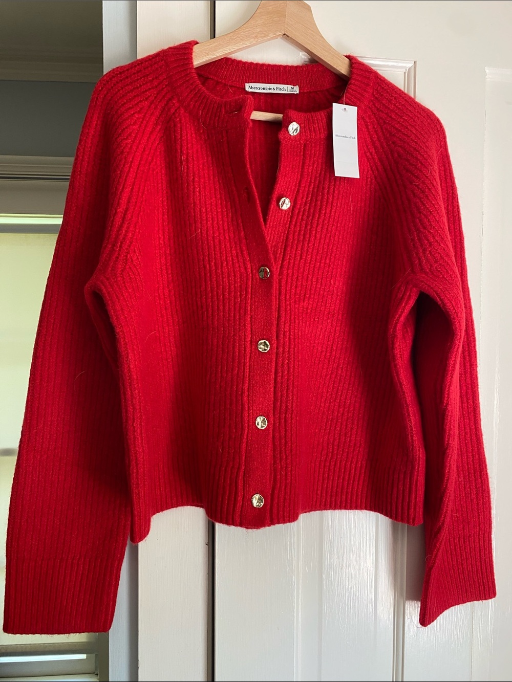 Abercrombie & Fitch Red Ribbed Gold-Button Cardigan